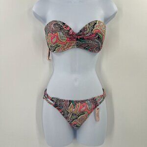 NWT‎ VS 32D/S Paisley Bikini Set Bandeau Strappy Cheeky Swimsuit Multi-Color
